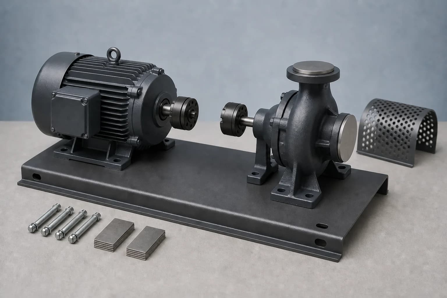 Illustrative installation-planning layout with an unpowered motor and pump staged on a loose steel baseplate, separated coupling halves, visible anchor and shim references, capped dry ports, and an uninstalled coupling guard