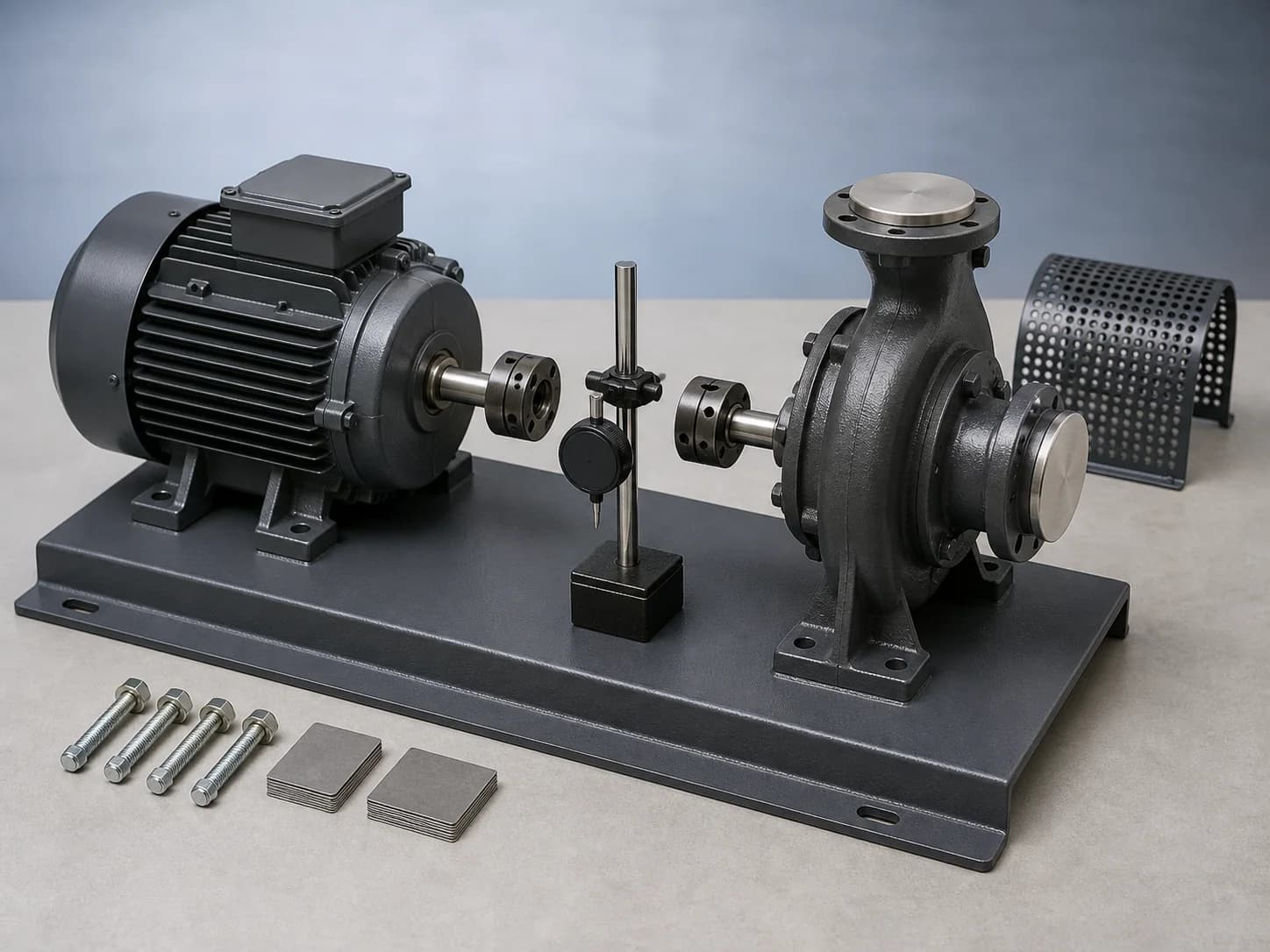 Illustrative installation request layout with an unpowered motor and centrifugal pump resting unfastened on one steel baseplate, loose anchor fasteners and shims at the support feet, separated shaft-coupling halves beside a retracted indicator, capped dry pump ports, and an uninstalled coupling guard