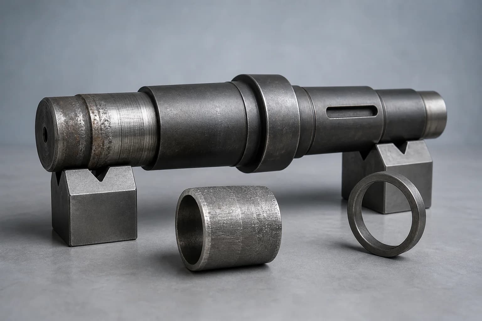 Illustrative machining-repair planning layout with one as-received stepped steel shaft showing localized wear on a running journal, a loose uninstalled sleeve blank, and visible shoulder, keyway, and mating-ring references