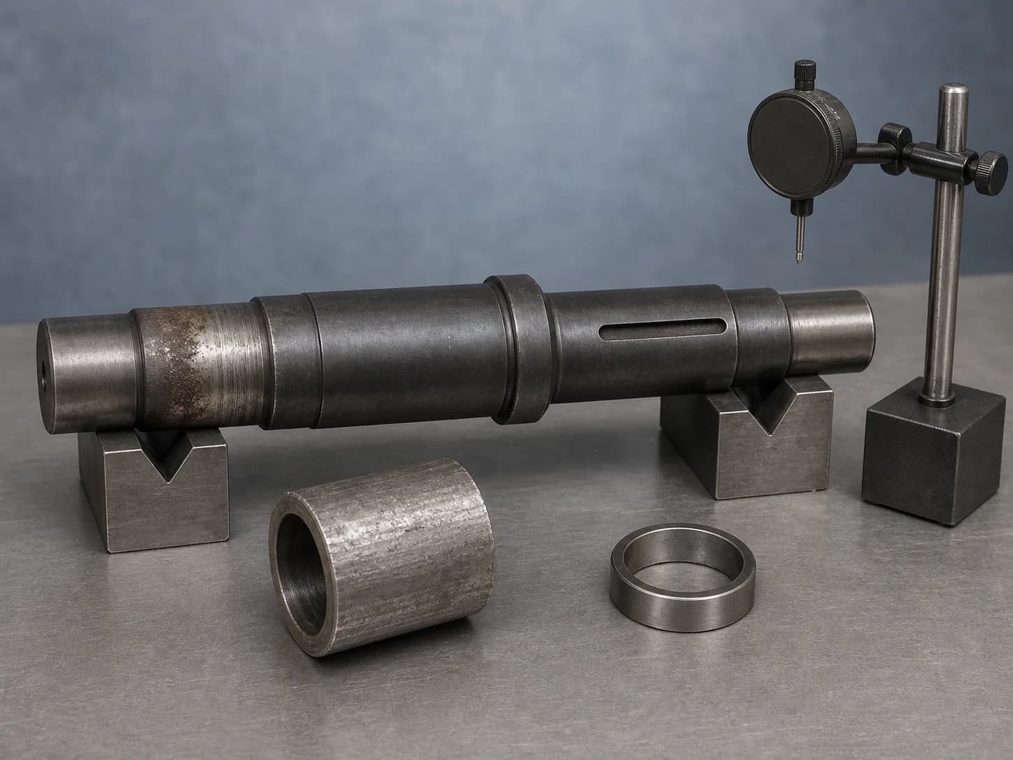 Illustrative machining-repair request layout with one as-received stepped steel shaft supported on two V-blocks, a scored left running journal, a loose uninstalled cylindrical sleeve blank with a rough stock finish, a visible shoulder and keyway beside a loose mating ring, and a retracted non-contact indicator at the right reference journal