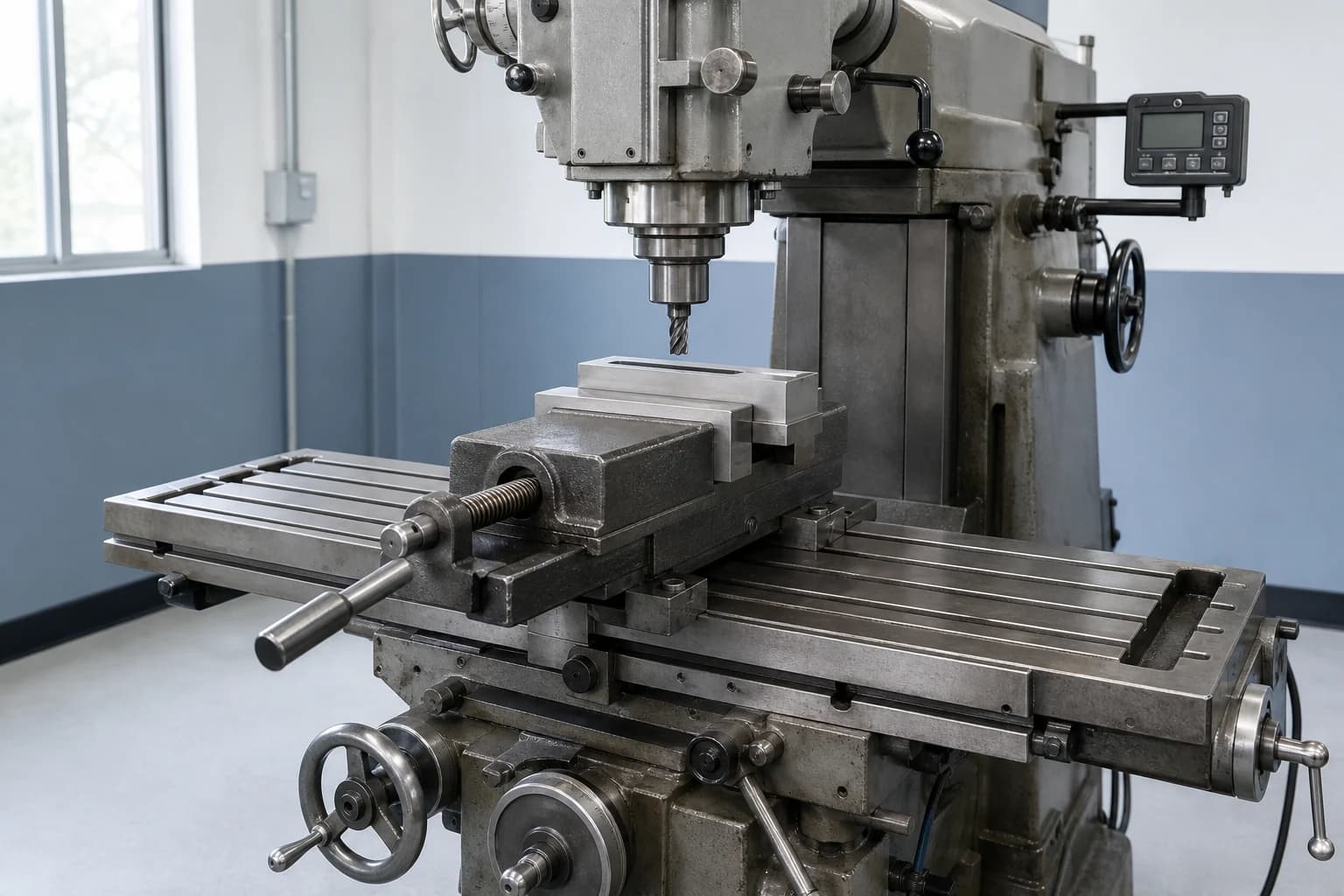 Illustrative conventional milling setup with a one-off steel bracket secured in a precision vise