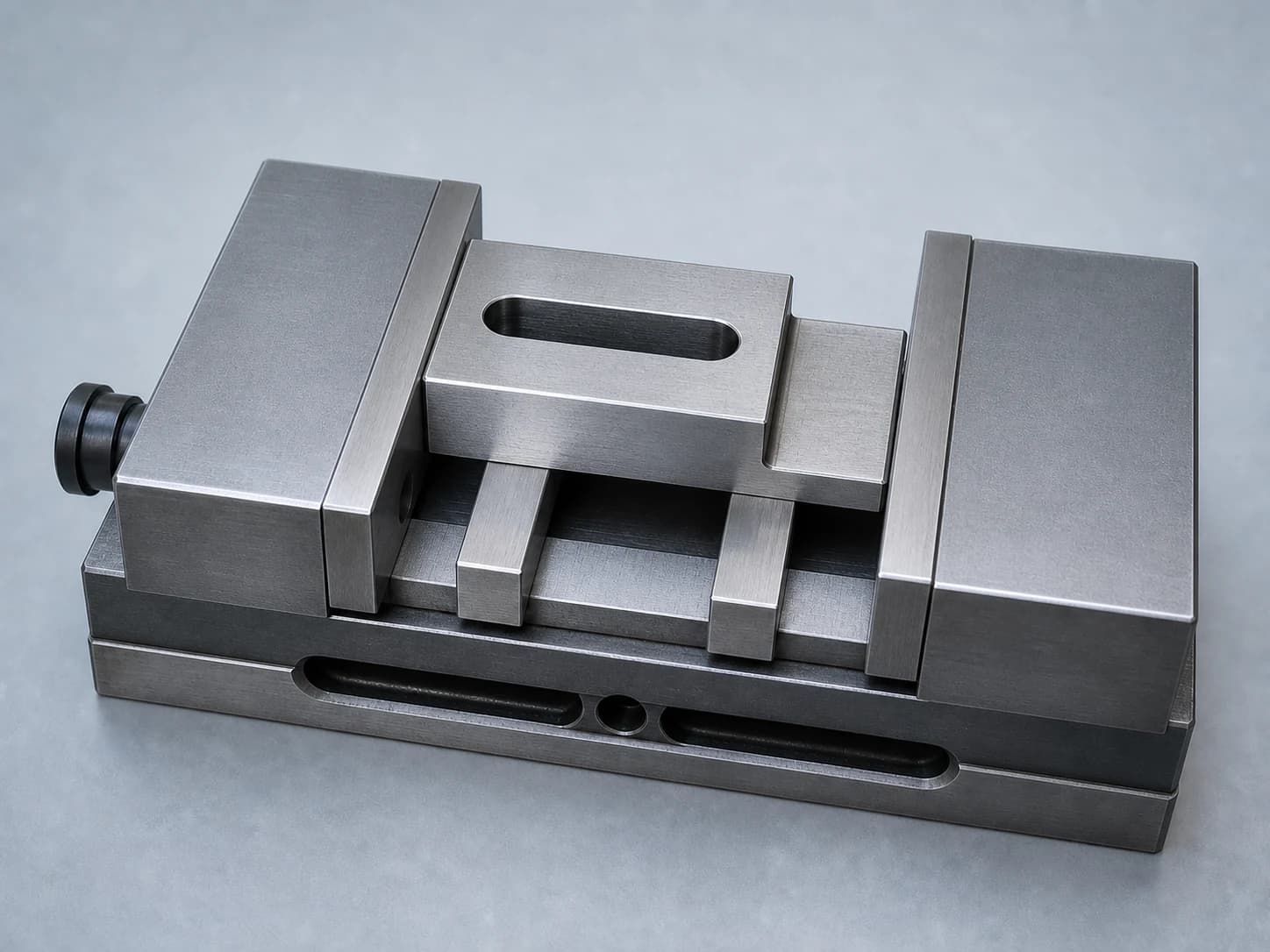 Illustrative one-off steel bracket held on parallels in a milling vise showing a datum edge, a machined slot, and a stepped shoulder