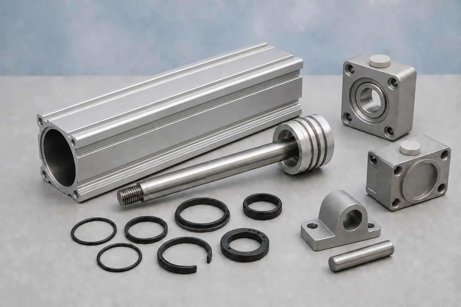 Illustrative pneumatic-cylinder repair planning layout with one dry open profiled-aluminum cylinder tube, its withdrawn piston-and-rod assembly with empty grooves, separate bearing and end caps, and loose uninstalled seal and guidance rings