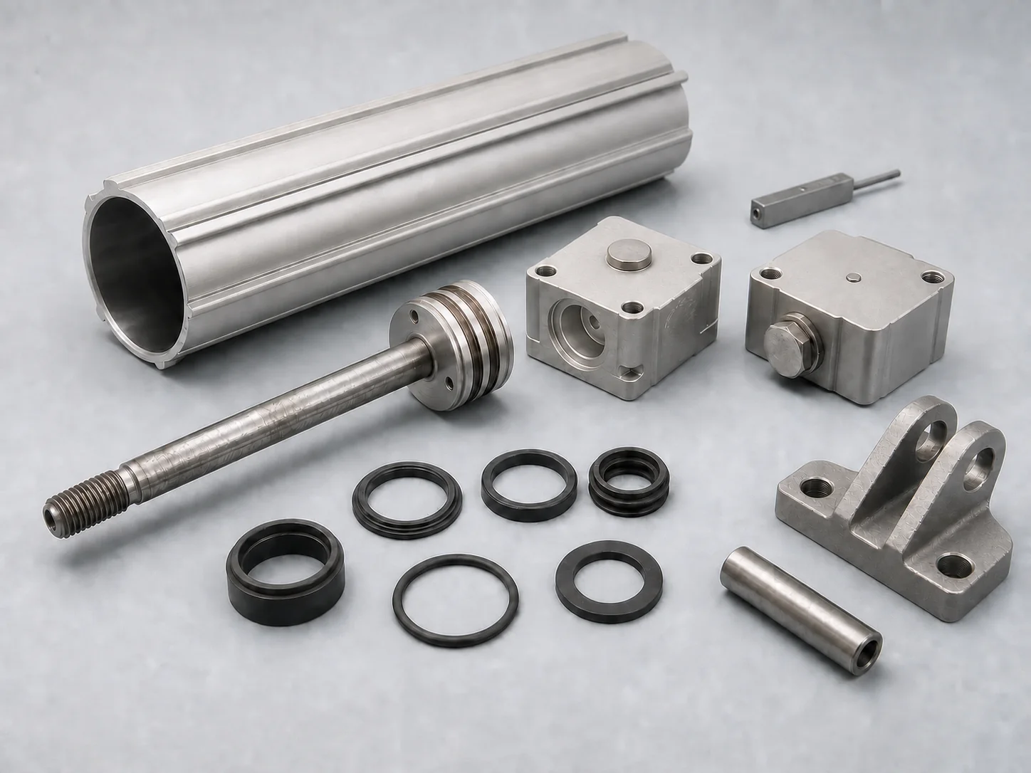 Illustrative pneumatic-cylinder repair request layout with one dry open profiled-aluminum cylinder tube showing its bore and sensor groove, a withdrawn piston-and-rod assembly with empty grooves, separate bearing and end caps, loose uninstalled seal, wiper and wear rings, dry capped ports, a loose mount and pin, and an unconnected sensor beside the tube groove