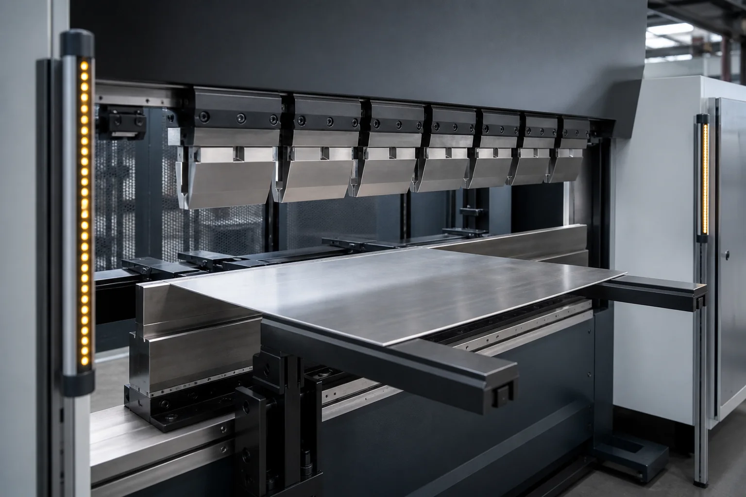 Illustrative generic sheet-forming setup with a stainless blank resting on support arms between open segmented upper tooling and a V-die
