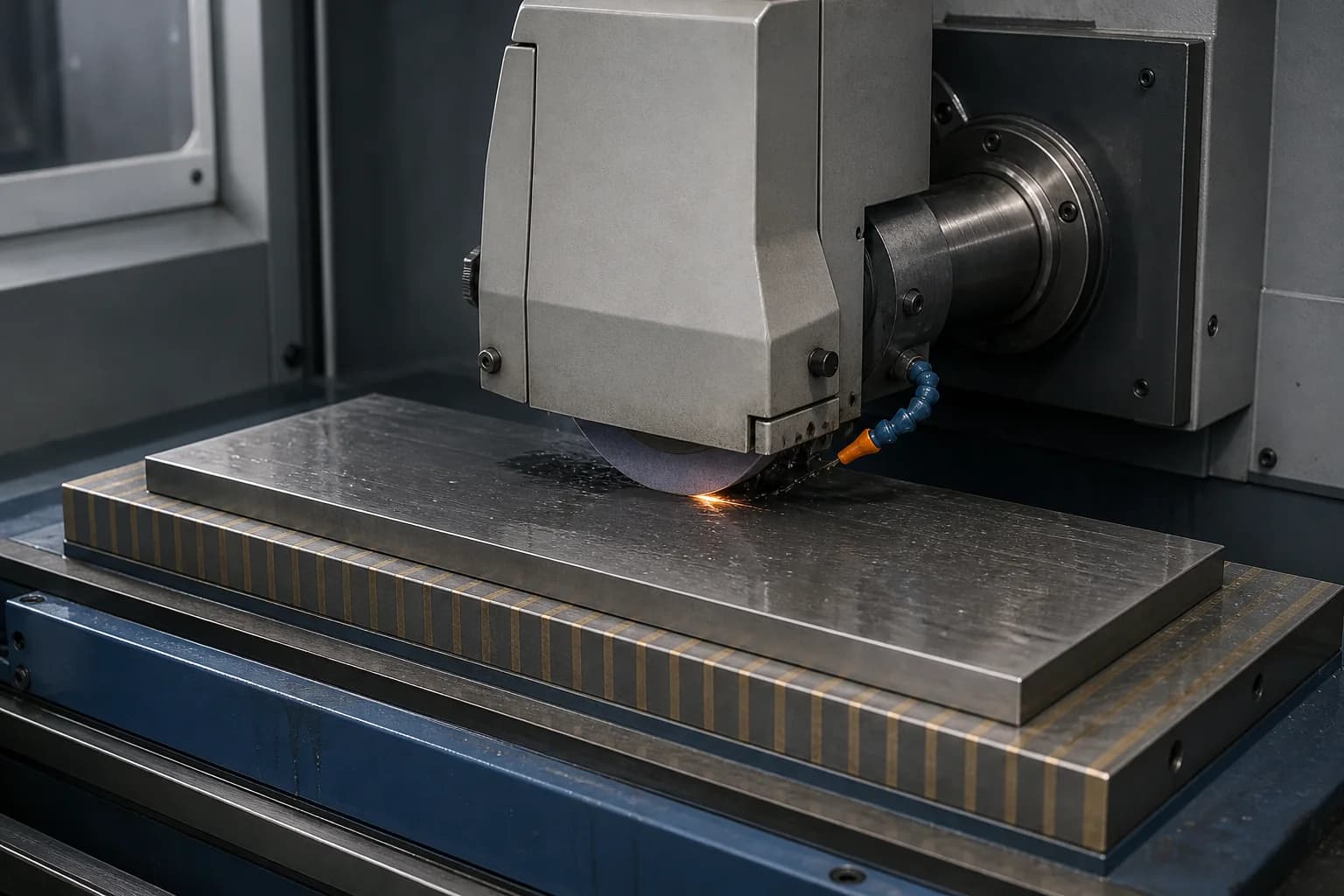 Illustrative guarded surface-grinding setup with an abrasive wheel crossing a rectangular steel plate on a magnetic chuck