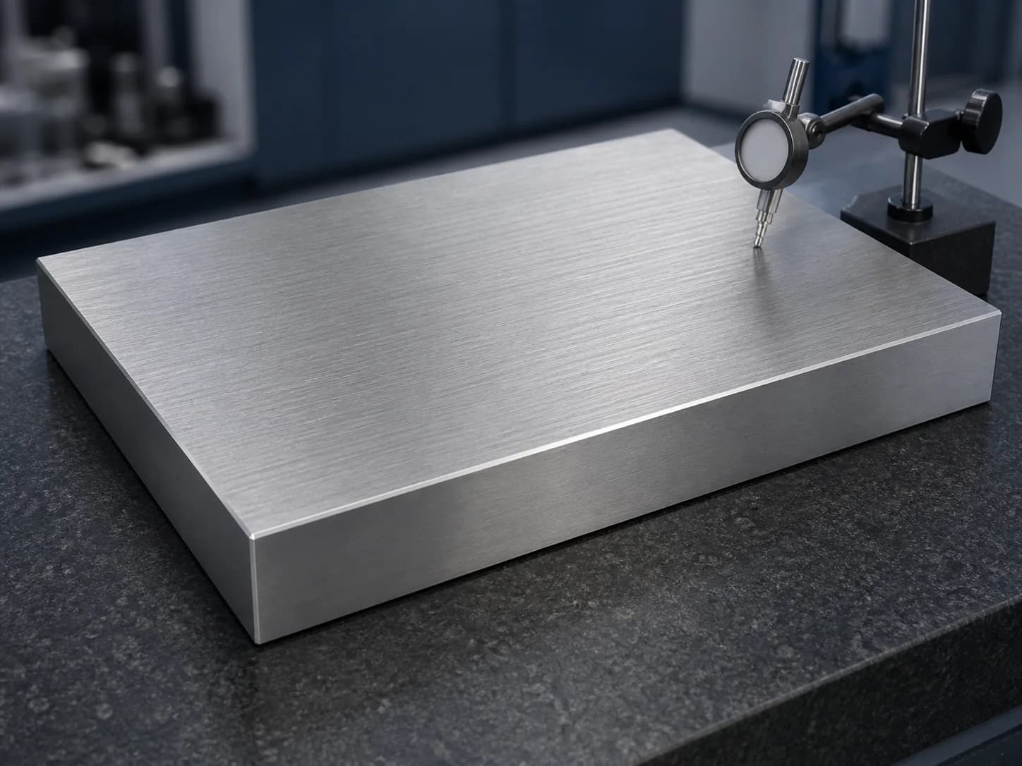 Illustrative surface-ground steel plate on a granite inspection surface showing the top datum face, opposite-face thickness, fine grind lay, and dial-indicator context