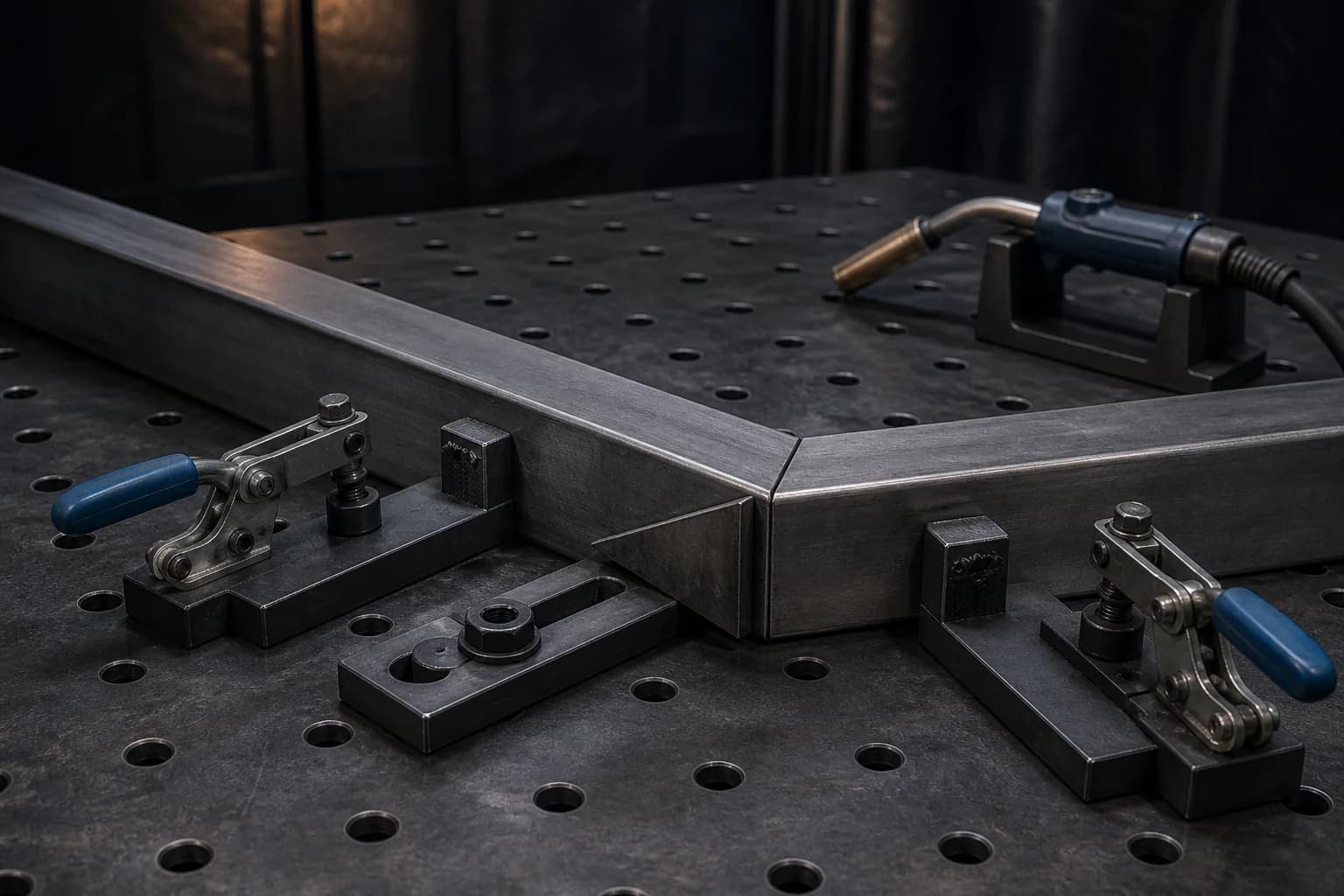 Illustrative generic welding-preparation setup with a rectangular steel frame corner and gusset clamped on a modular fixture table beside a retracted torch