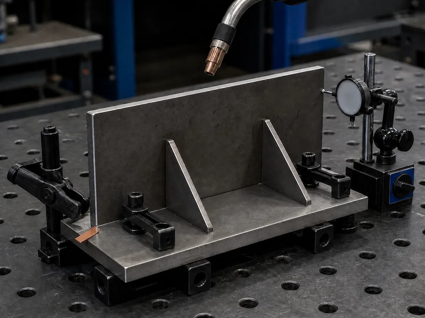 Illustrative pre-weld steel bracket mock-up in a modular fixture showing a prepared joint gap, clamped gusset seams with a retracted torch for access context, and a dial indicator positioned at an outer datum
