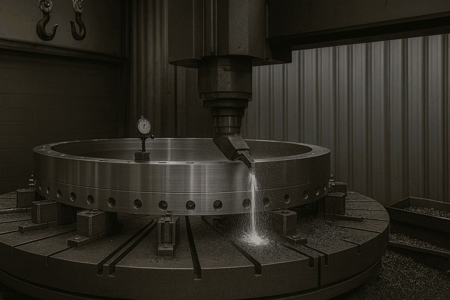 Large turning of a flange on a vertical lathe