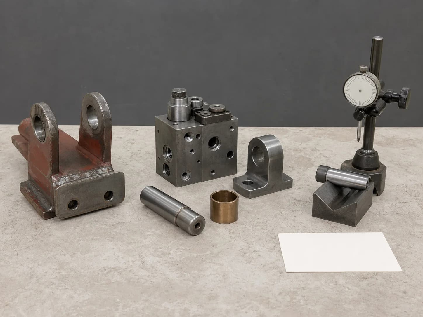 Review bench with a welded clevis, hydraulic manifold, pivot hardware, blank-face comparator, V-block, and an unmarked record card