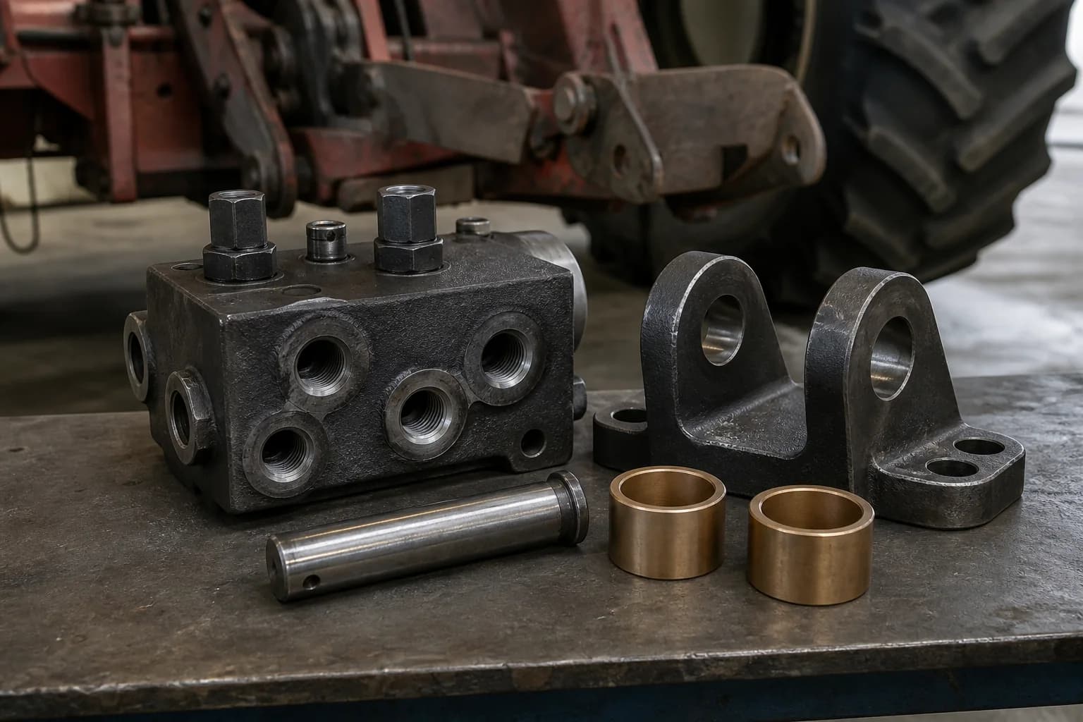 Steel hydraulic manifold, two clevis brackets, a pivot pin, and bronze bushings on a service bench before an inactive farm linkage
