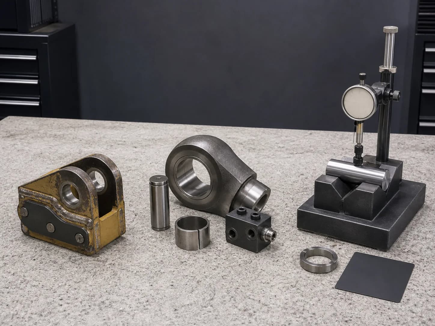 Service bench with a welded linkage bracket, piston-rod eye, pivot hardware, hydraulic block, comparator, V-block, master ring, and blank card