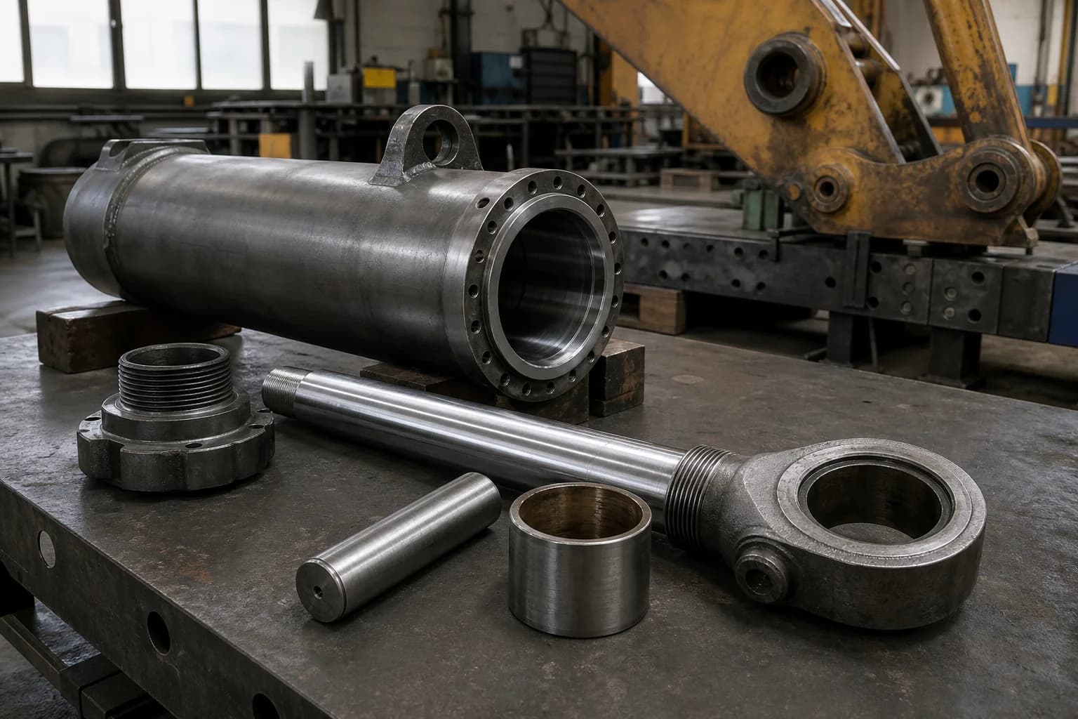 Steel cylinder barrel, polished piston rod and eye, threaded gland, pivot pin, and bushing resting on stable metal support blocks