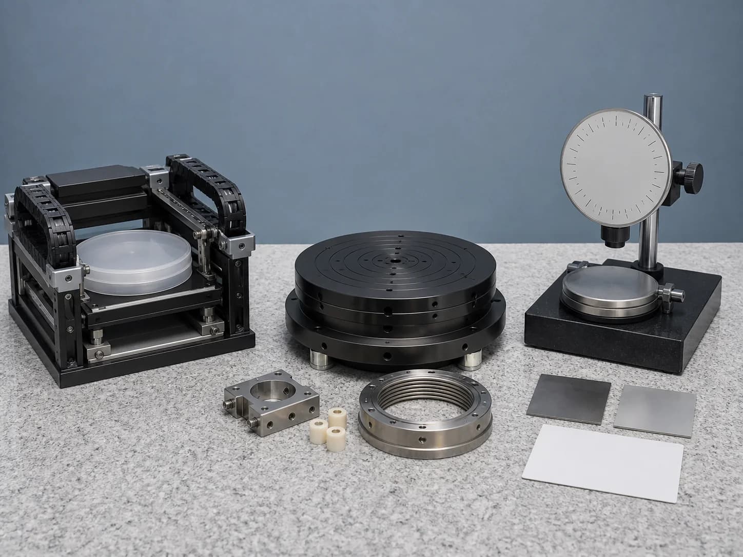 Clean equipment review bench with a disk carrier, grooved chuck plate, kinematic block, ceramic spacers, bellows ring, comparator, and blank record card