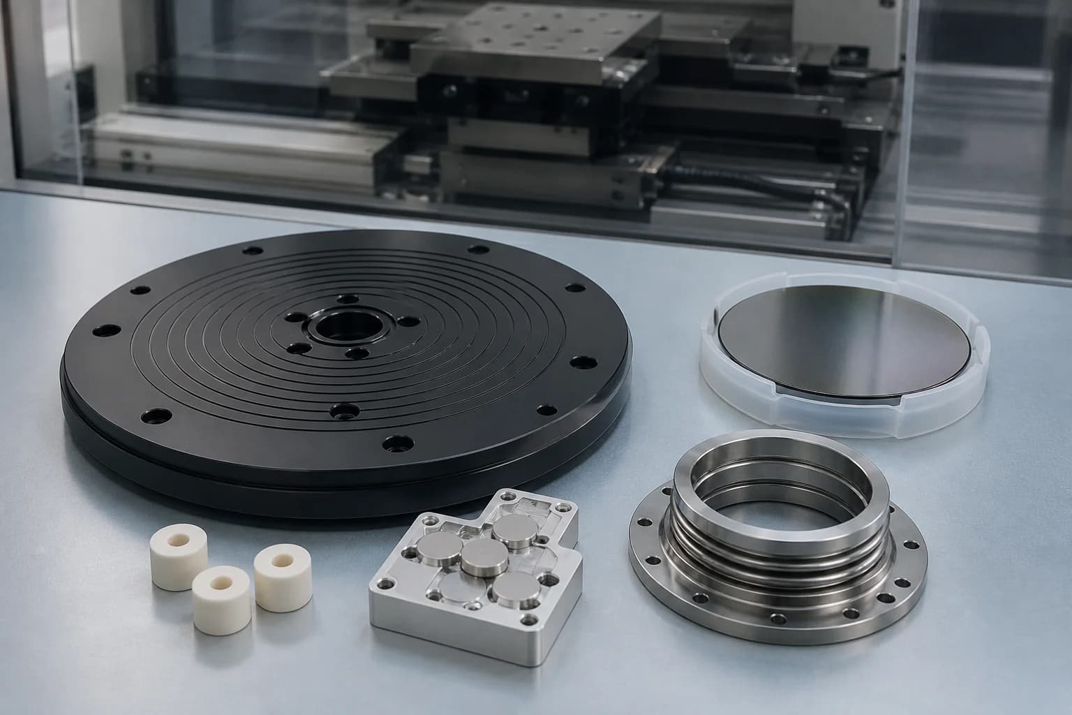 Black anodized grooved chuck plate, blank silicon disk in a carrier, ceramic spacers, positioning block, and bellows adapter in an idle equipment laboratory