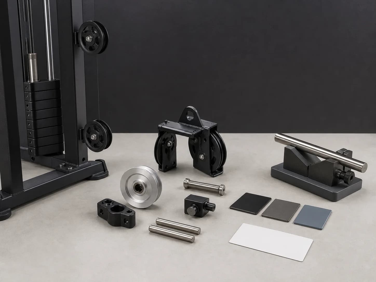 Fitness-equipment review bench with an idle cable station, dual-pulley bracket, separate sheave and pins, rod fixture, finish tiles, and blank record card