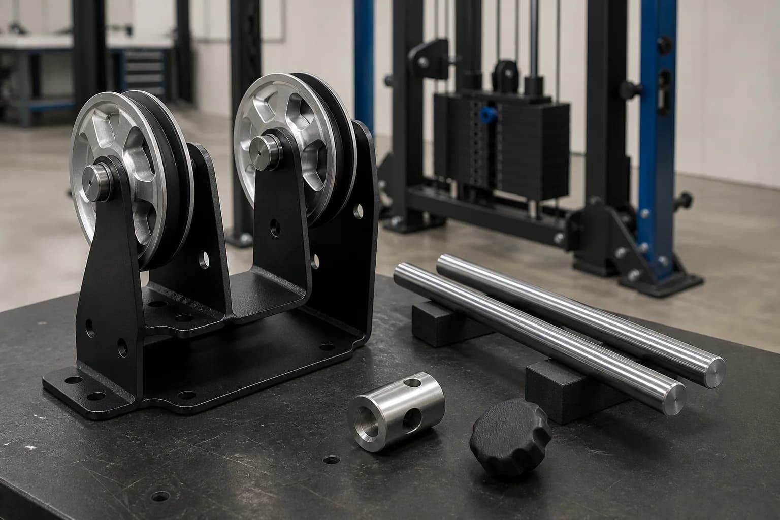Two powder-coated pulley brackets with aluminum sheaves, polished guide rods, selector housing, and adjustment knob beside an idle cable station