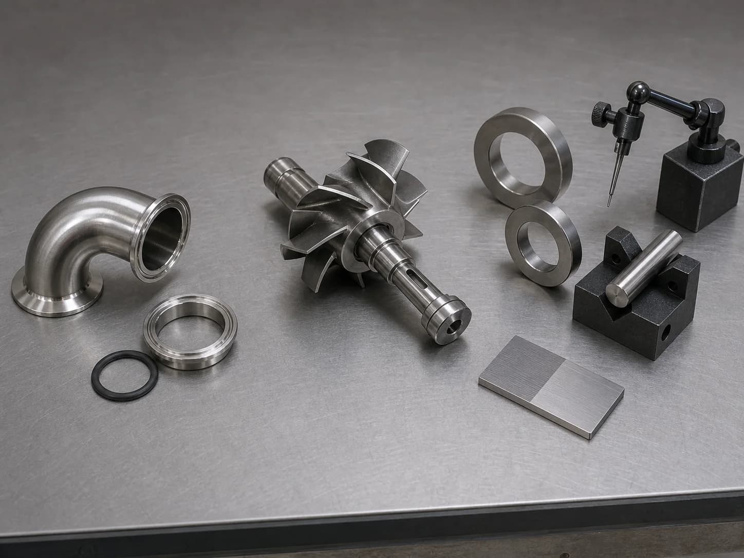 Stainless elbow and ferrule beside an impeller shaft, unmarked ring gauges, V-block sample, probe stand, and texture coupon