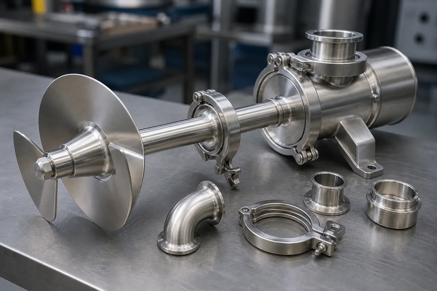 Polished stainless mixing shaft, clamp ports, pipe elbow, ferrules, and loose clamp hardware on a metal bench