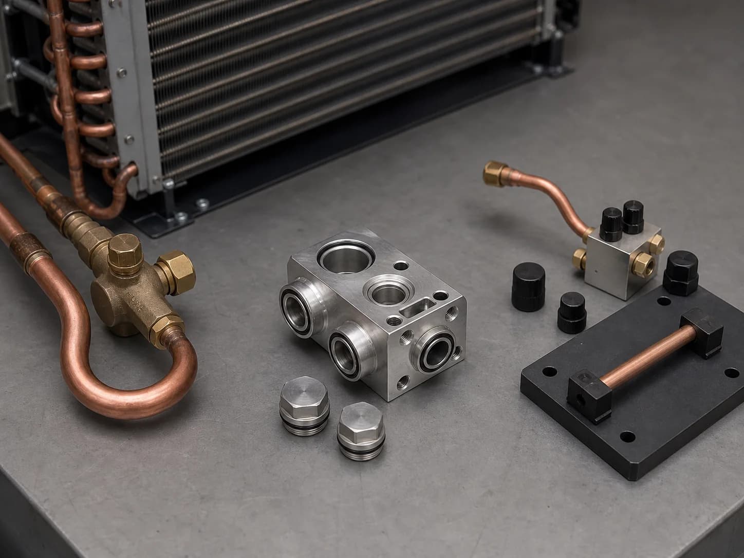 Copper U-bend and valve beside a ported manifold, blank plugs, sensor block, and tube-holding fixture