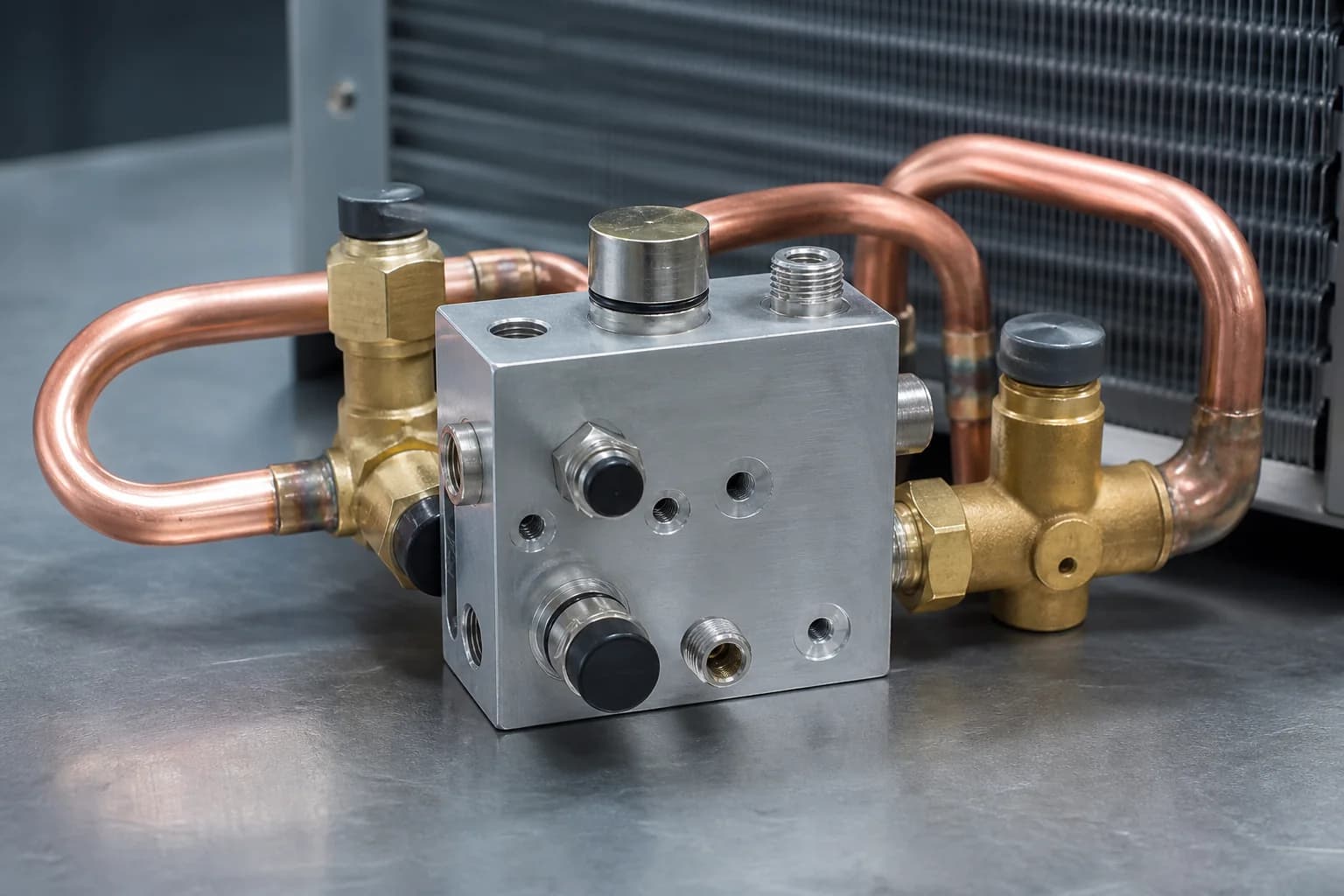 Copper tube bends and brass valve bodies surrounding a ported aluminum manifold before a finned coil