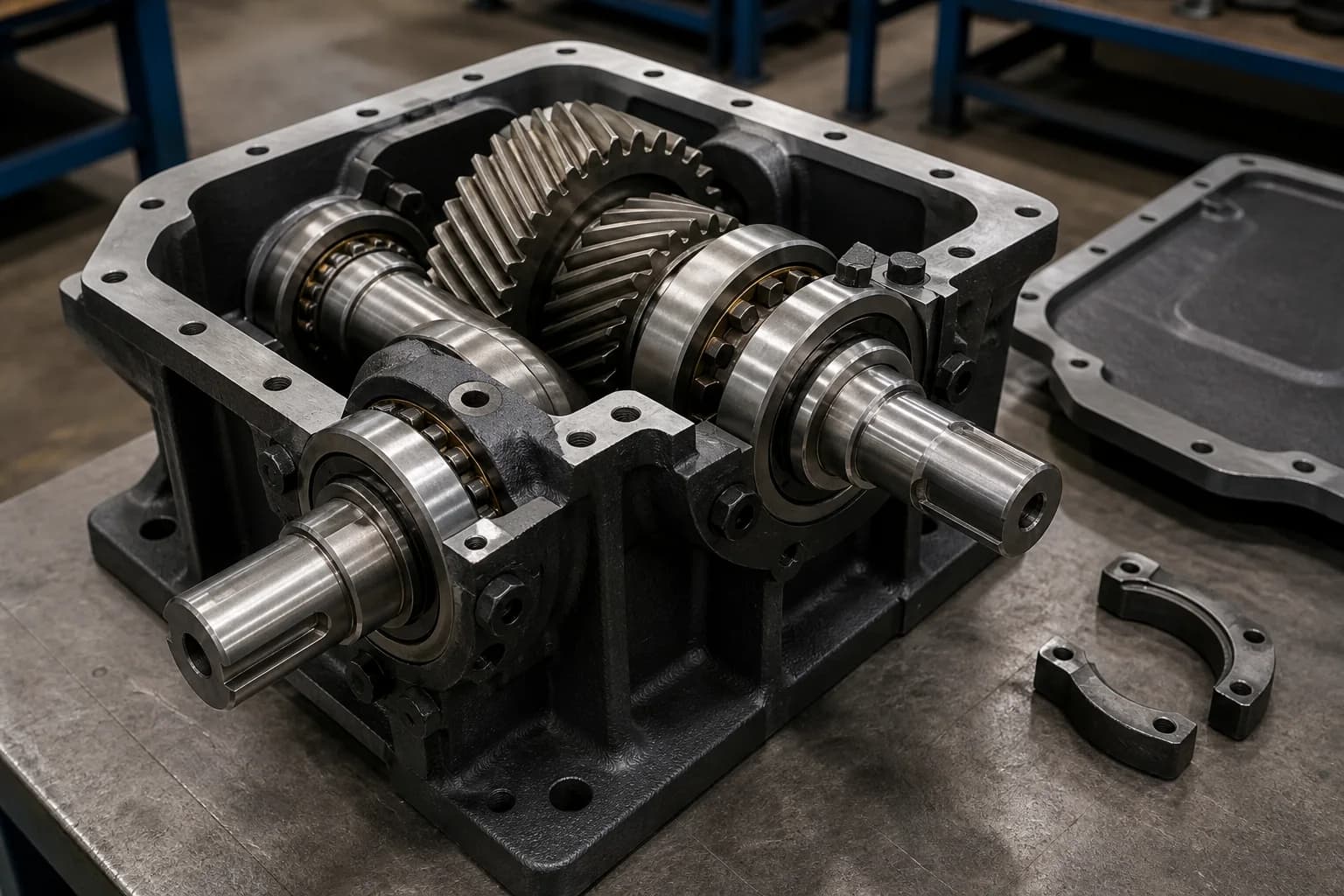 Open cast housing with two bearing-supported shafts, meshing helical gears, keyed ends, cover, and loose bearing retainers