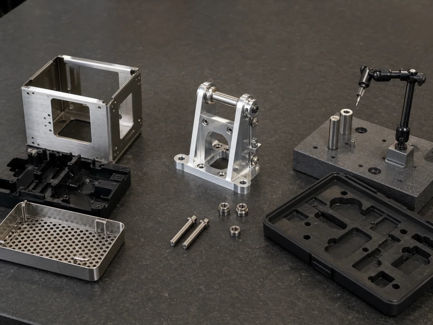 Open enclosure, polymer nest, perforated tray, aluminum linkage bracket, cylindrical masters, probe fixture, and reusable handling tray