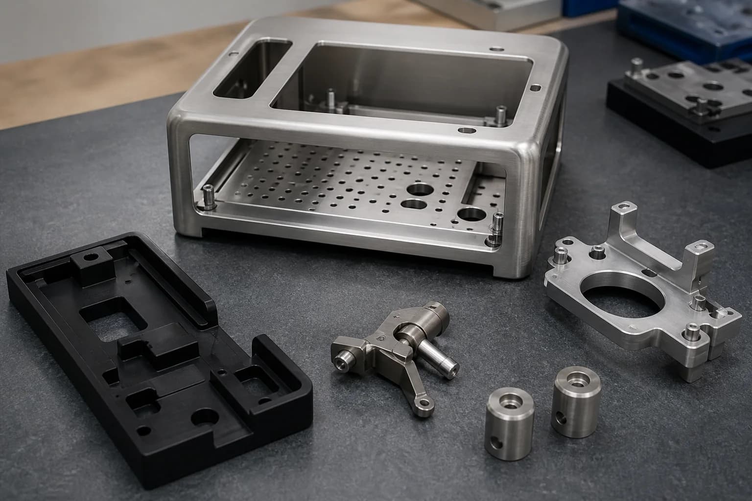 Unfinished stainless enclosure and perforated tray beside a black polymer nest, aluminum bracket, linkage, and cylindrical fixtures