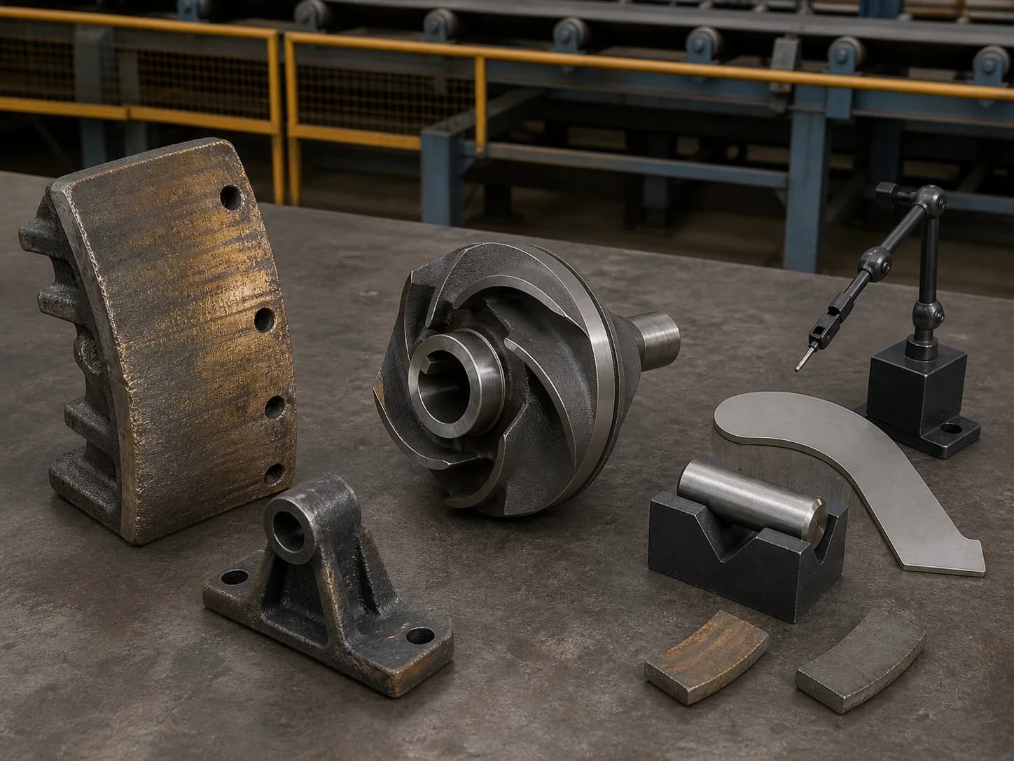 Worn liner and idler mount beside a slurry impeller, curved template, cylindrical master, probe, and wear coupons