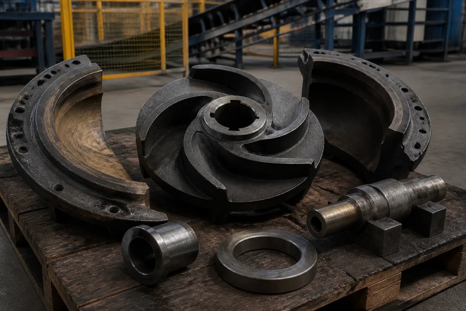 Cast slurry-pump impeller between worn liner segments, with a shaft sleeve, wear ring, and supported stepped shaft on a pallet