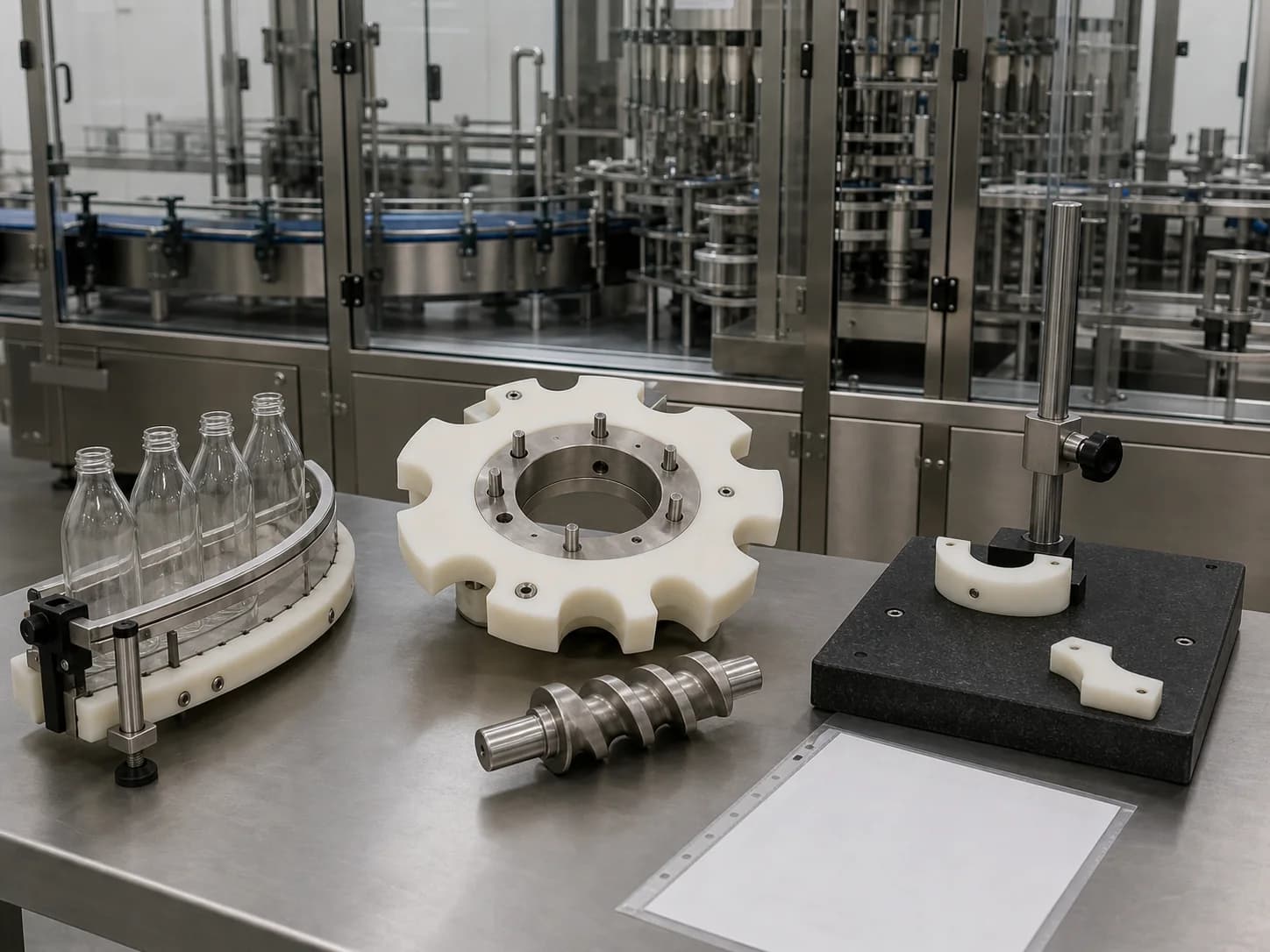 Packaging review bench with unlabelled bottles and curved guides at left, a polymer star wheel and timing screw at centre, and an inspection stand on granite at right