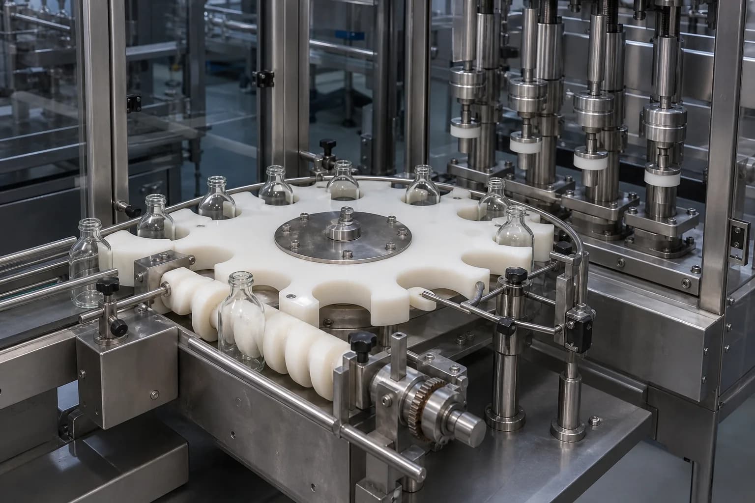 Idle stainless bottling line with clear bottles, an off-white star wheel, a helical timing screw, guide rails, and raised filling heads