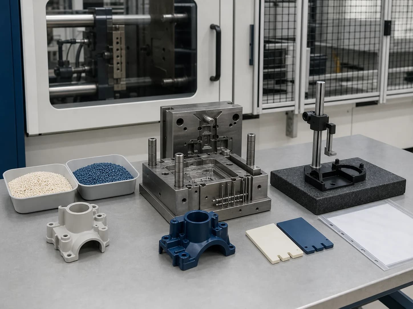 Polymer review bench with pellet trays and molded samples at left, an open mold insert at centre, and granite inspection fixtures at right