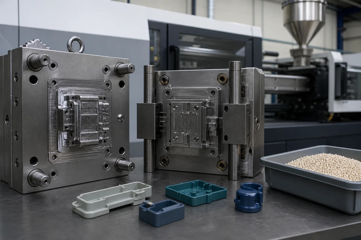 Open steel injection mold halves with guide posts, blue and white polymer samples, resin pellets, and a closed molding machine behind