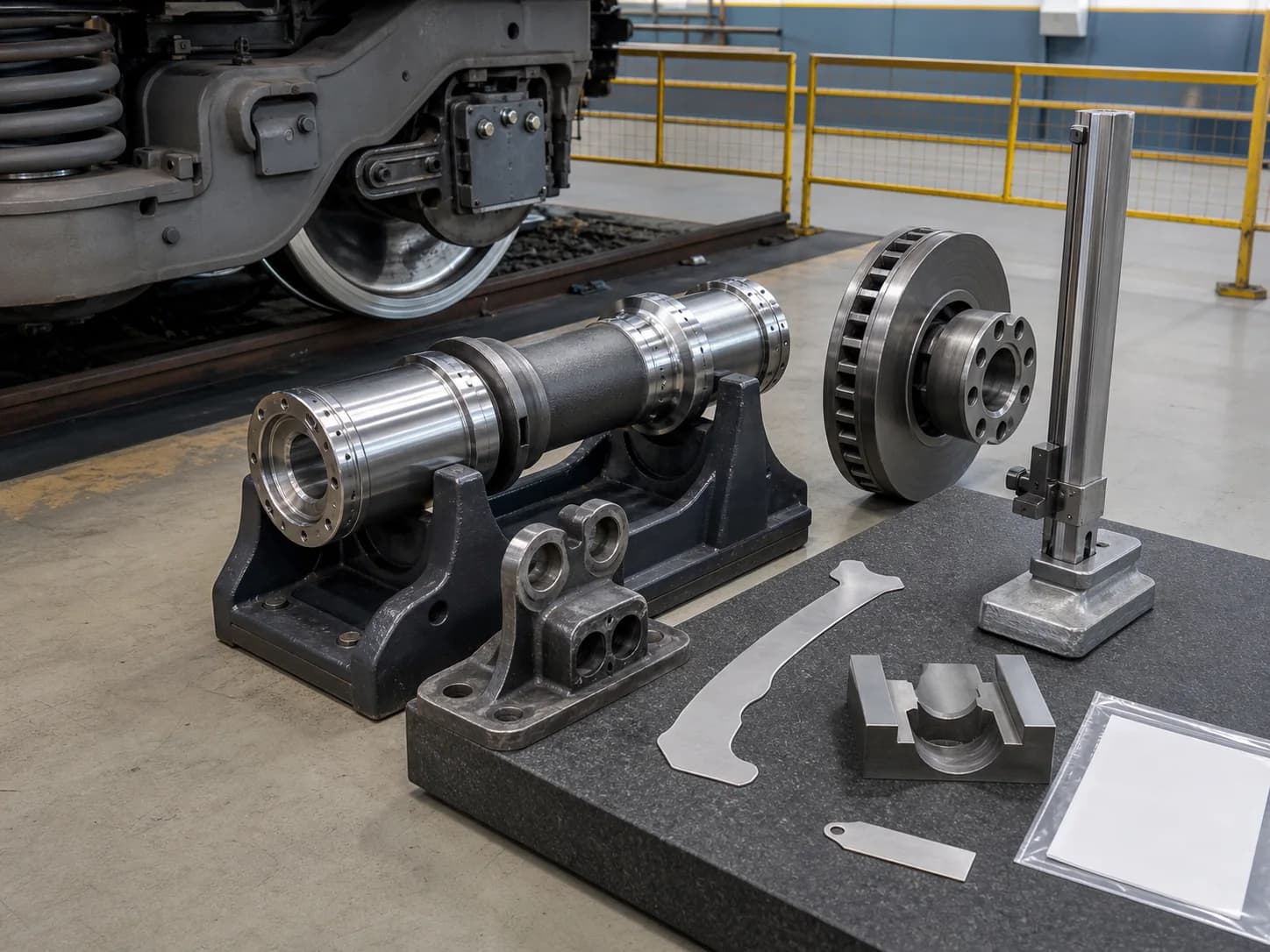 Rail review bay with bogie context at left, a cradled axle journal and brake disc at centre, and profile fixtures on granite at right