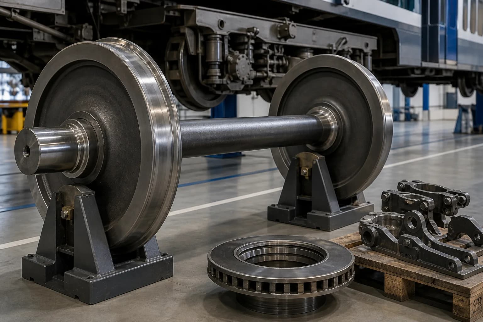 Steel railway wheelset secured on stands with a passenger bogie behind and a separate vented brake disc staged nearby