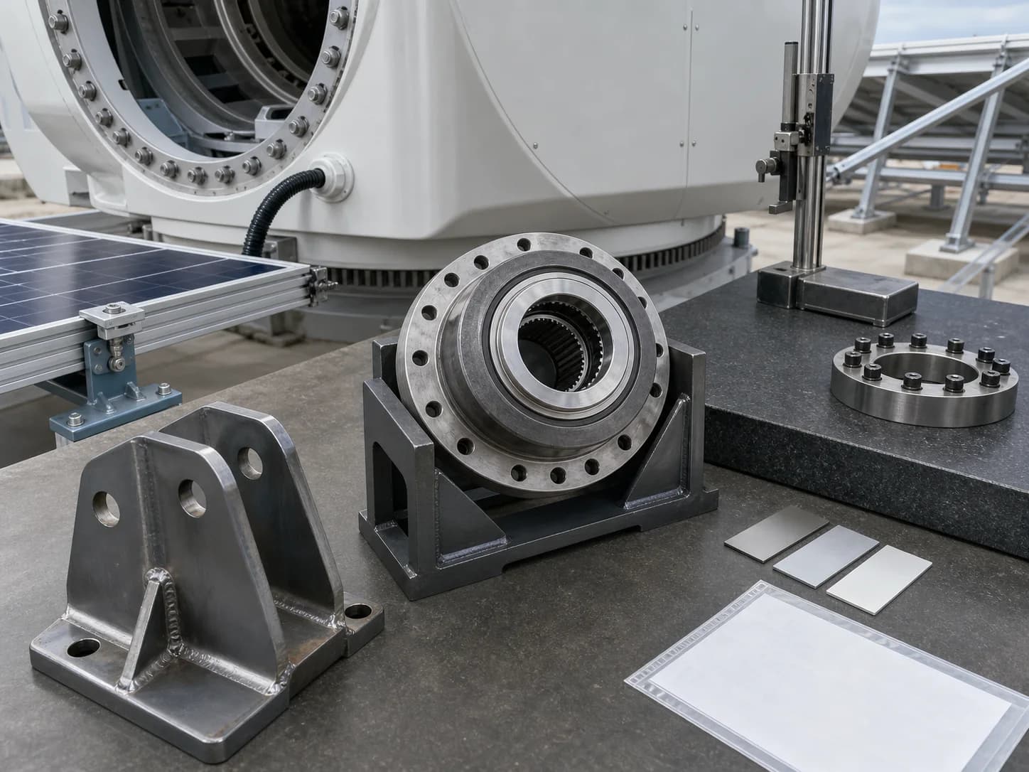 Renewable hardware review bench with a welded bracket and system context at left, a cradled hub coupling at centre, and inspection props at right