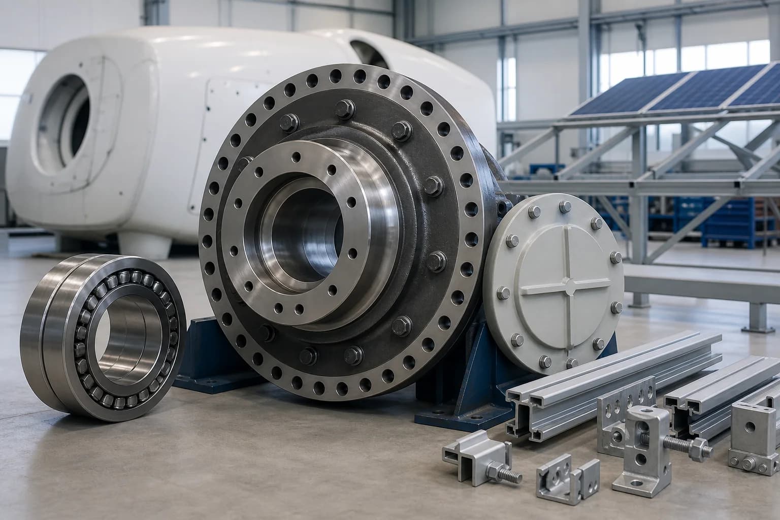 Large machined hub flange, bearing, access cover, and solar-racking rails staged before a wind-turbine nacelle and photovoltaic panel rack