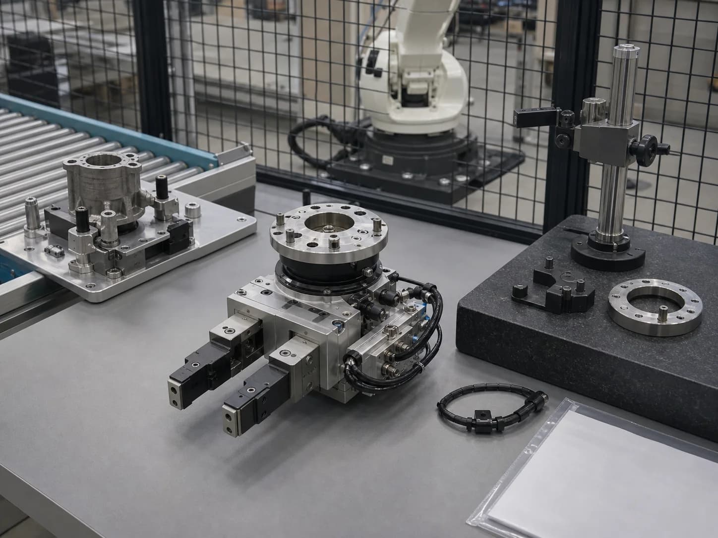 Robotics review bench with conveyor-fixture context at left, detached gripper tooling and cables at centre, and locating nests on granite at right
