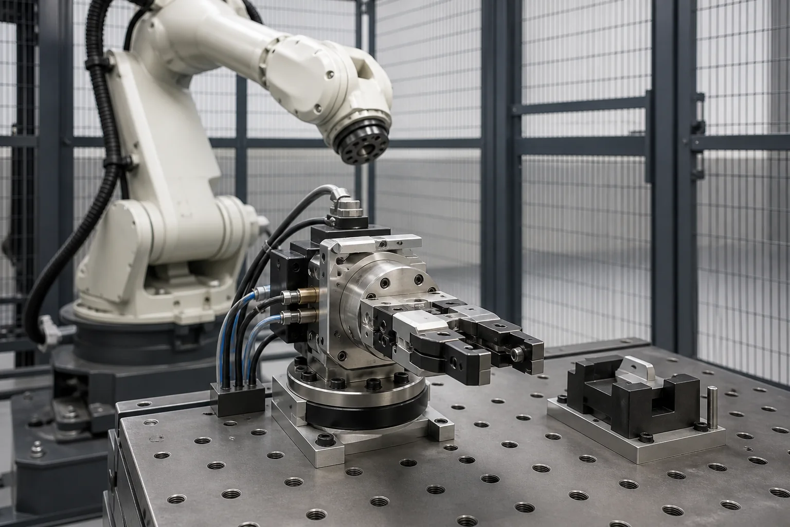 Detached modular gripper tooling with pneumatic lines on a fixture table before an idle robot behind closed mesh guarding