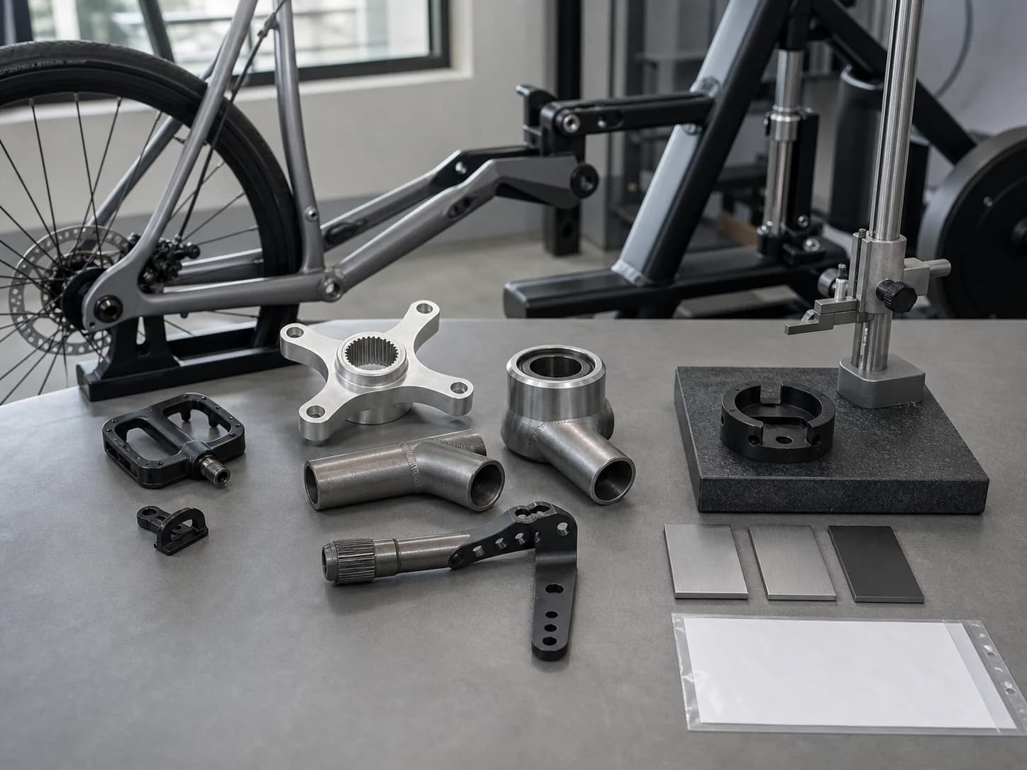 Sports equipment review bench with stationary bicycle linkages at left, crank and tube interfaces at centre, and locating fixtures on granite at right