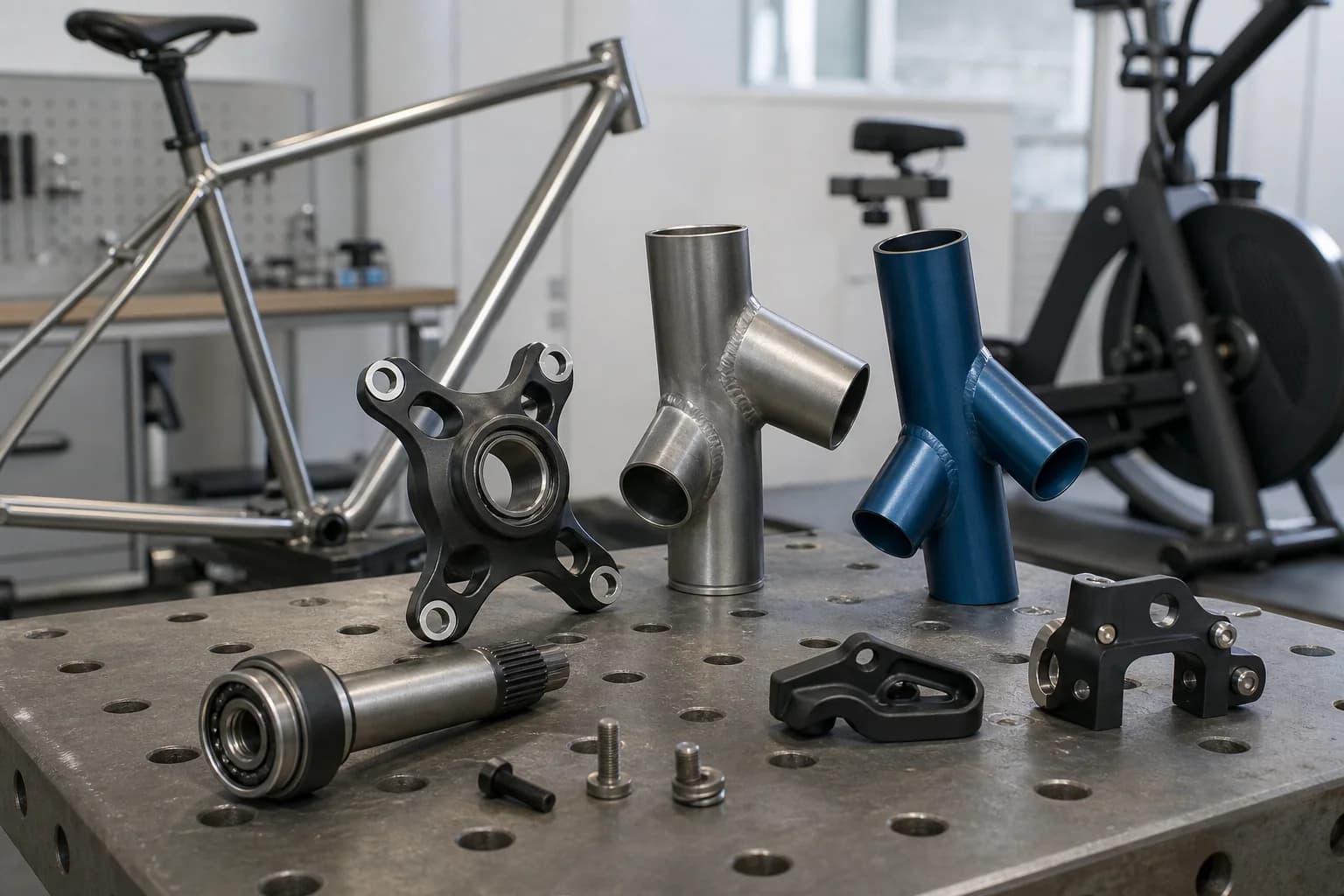 Bicycle crank hub, welded tube junctions, spindle, and adjustment brackets staged before stationary bicycle and fitness frames