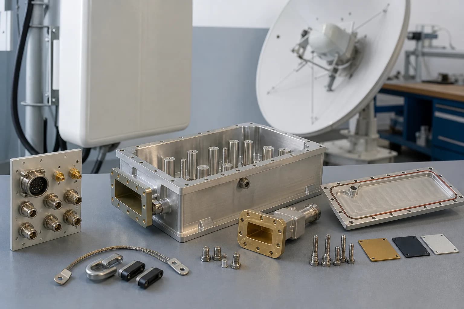 Open aluminum cavity housing with resonator posts, waveguide flanges, connector panel, gasketed cover, and generic antenna hardware behind