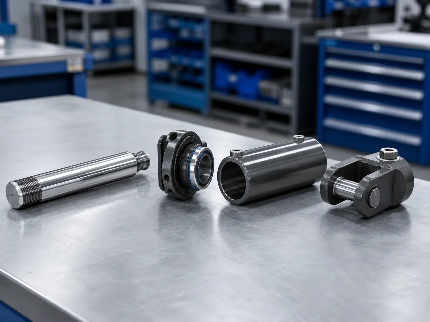 Illustrative hydraulic-cylinder review layout showing the rod, gland interface, and clevis-and-pin mount.
