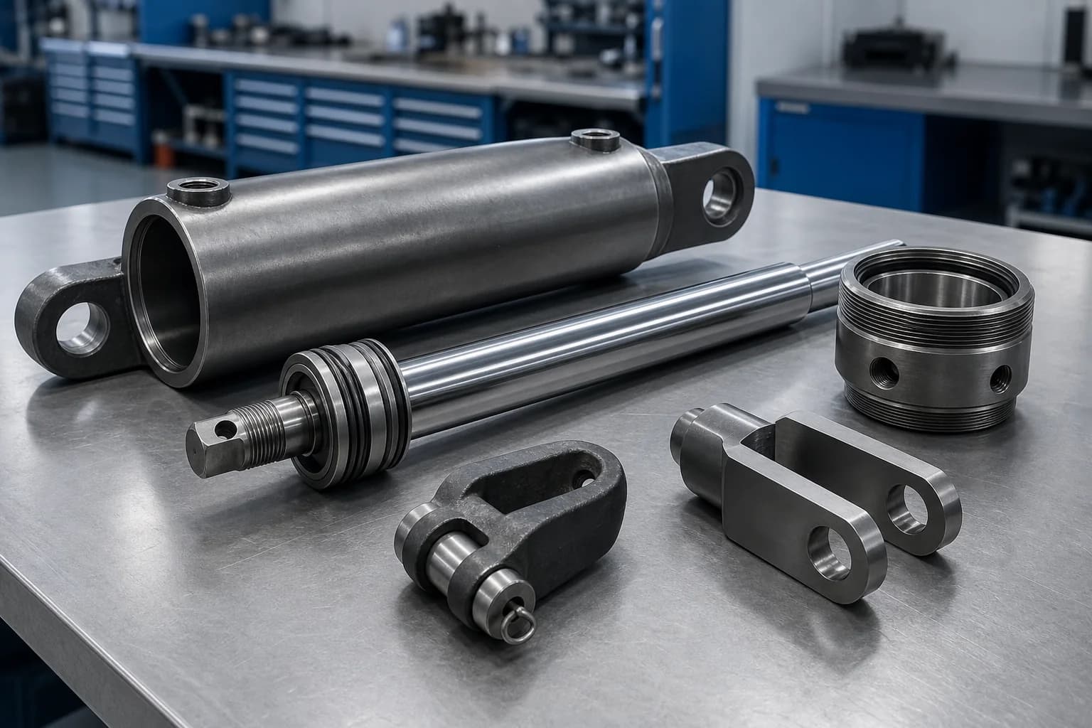 Illustrative maintenance-request scene with a disassembled hydraulic cylinder and machined replacement components on a clean steel bench.