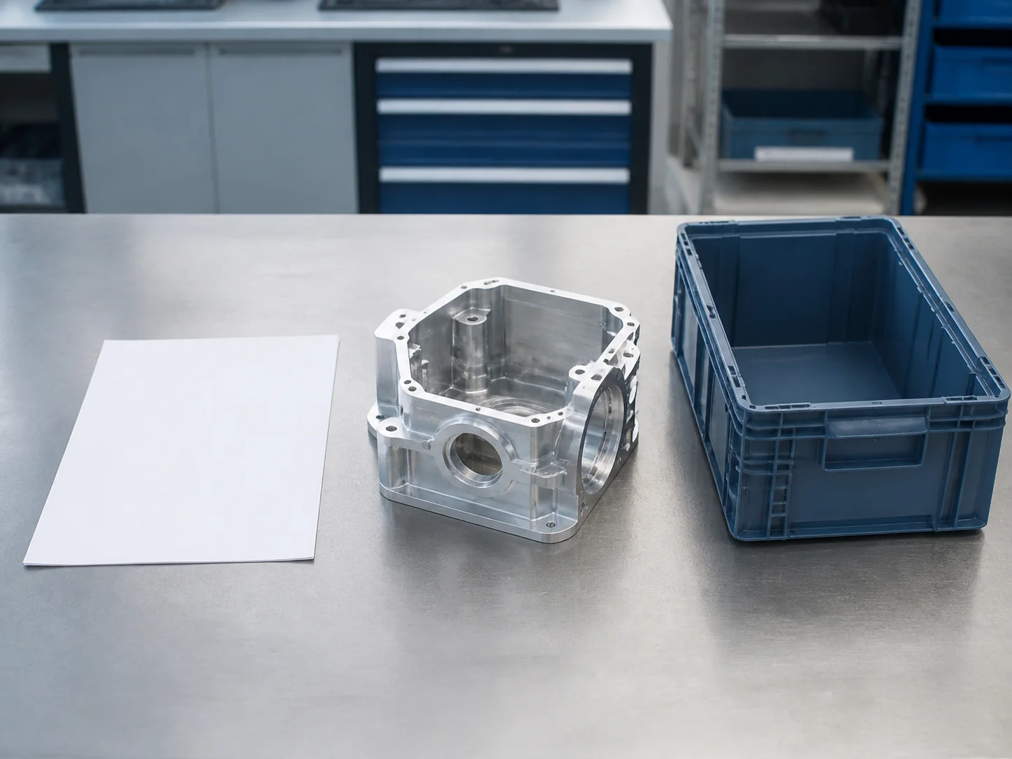 Illustrative project-review layout with a blank drawing, a generic aluminum housing, and an open reusable transit tote.