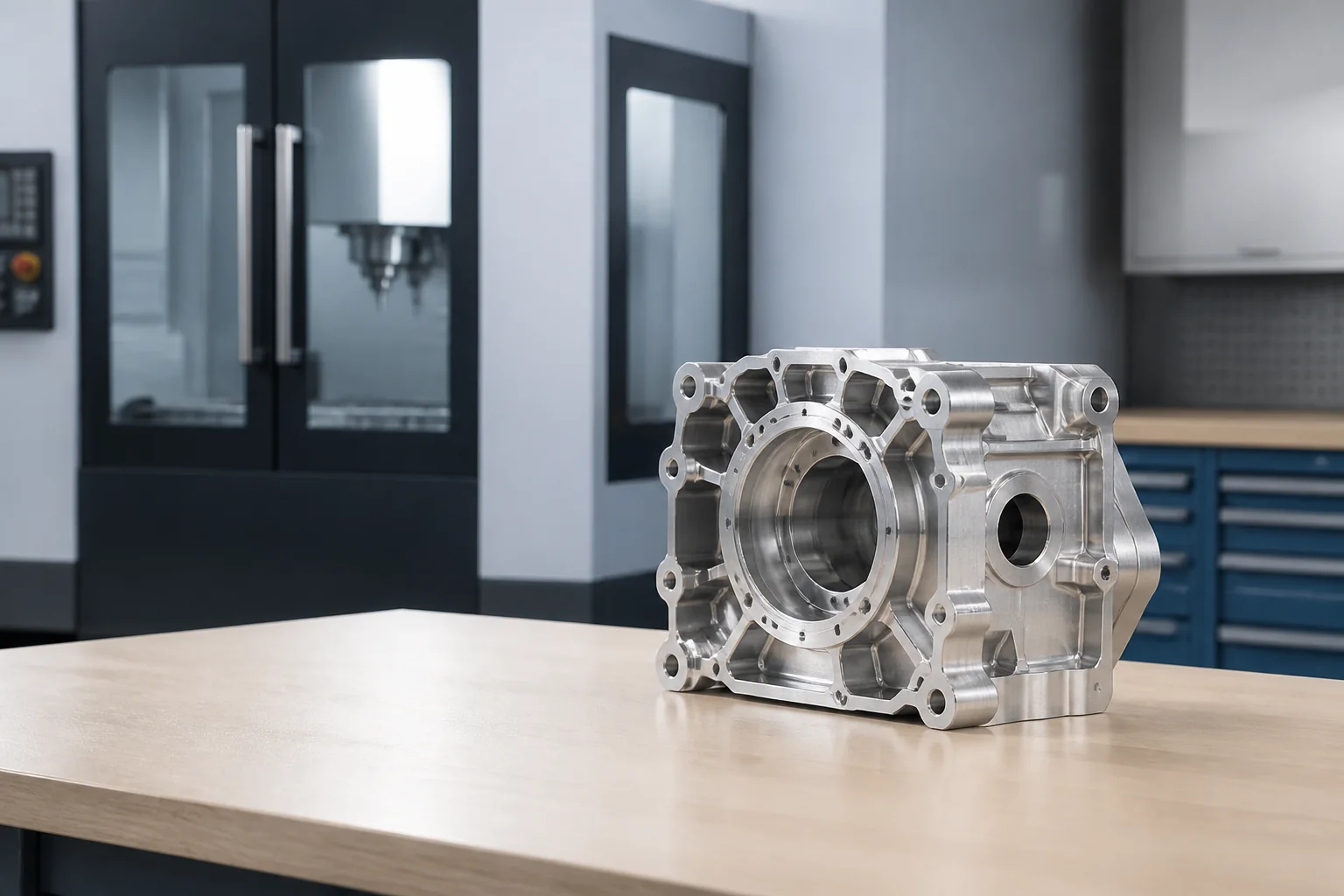 Illustrative machining-request scene with a milled aluminum housing on a clean workbench and an enclosed machining centre in the background.