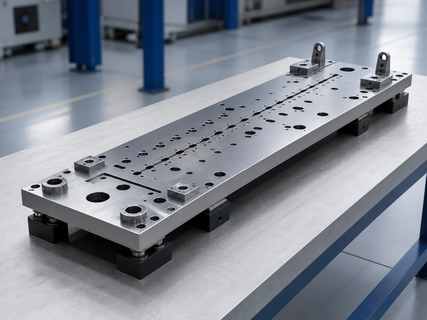 Illustrative large-baseplate review layout showing support pads, a long feature pattern, and edge securement points.