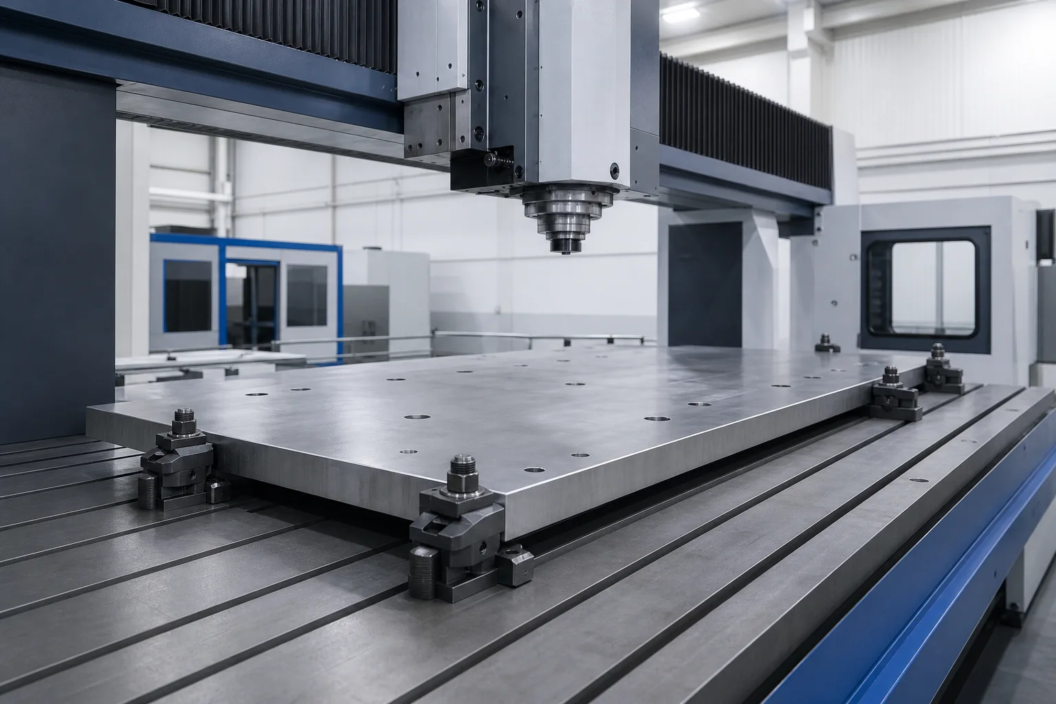 Illustrative large-format machining setup with a long steel baseplate secured on a gantry mill table.